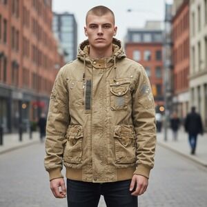 RARE Vintage Y2k T Stone Men's Khaki Canvas Hooded Utility Jacket Size M‎ NEW